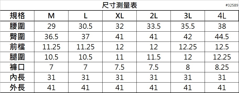 尺寸測量表#32589規格MLXL2L3L4L腰圍2930.53233.535.538臀圍36.53741414244.5前檔11.2511.25121212.2512.5腿圍10.510.51111.51212.25褲口777.57.588.25內長313131313131外長414141414141
